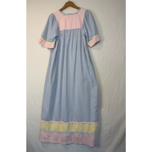 VTG 80'S Saybury Pastel‎ Seersucker Stripe Maxi Zip Up House Dress Robe Medium - Picture 4 of 9